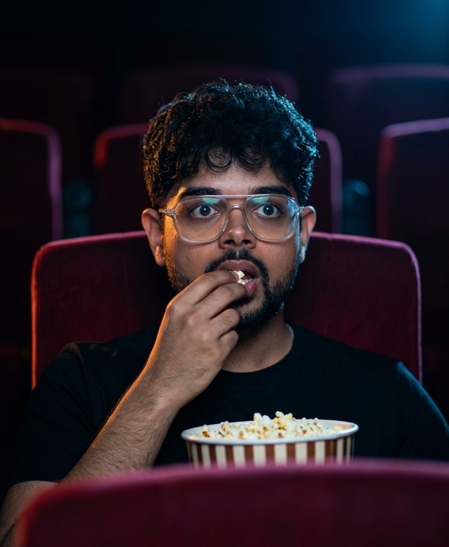 Nishant Bhatt — CEO & Co-Founder of Popcorn Universe, watching a movie with a bucket of popcorn