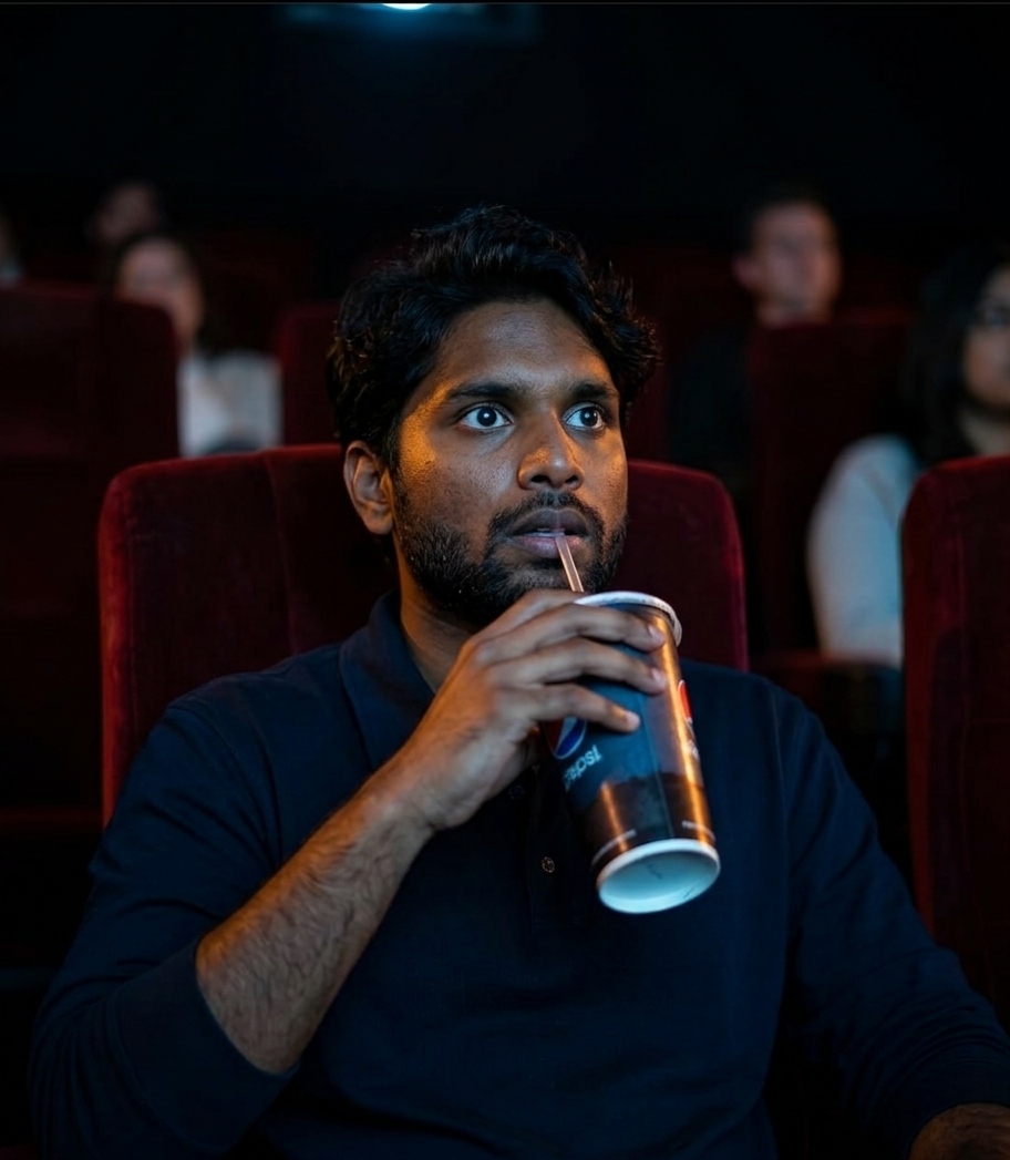 Rohan Nirmal — CTO & Co-Founder of Popcorn Universe, watching a movie with a drink